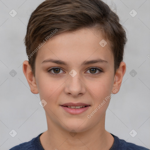 Joyful white child female with short  brown hair and brown eyes