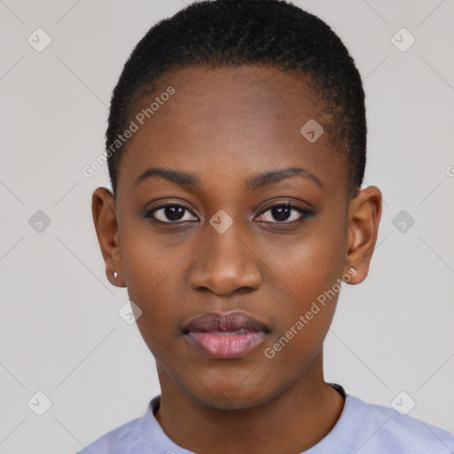 Neutral black young-adult female with short  black hair and brown eyes