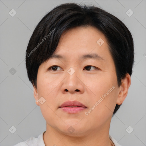 Neutral asian adult male with short  brown hair and brown eyes