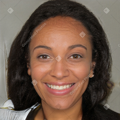 Joyful white young-adult female with long  brown hair and brown eyes