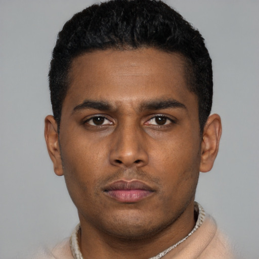 Neutral latino young-adult male with short  brown hair and brown eyes