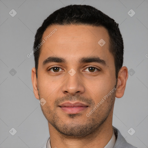 Neutral latino young-adult male with short  black hair and brown eyes