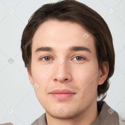 Neutral white young-adult male with short  brown hair and grey eyes