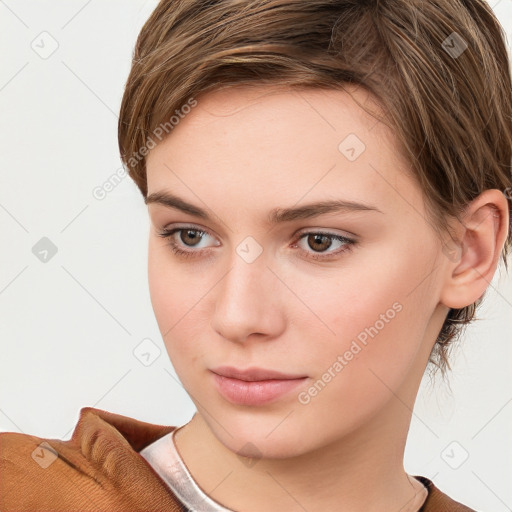 Neutral white young-adult female with short  brown hair and brown eyes