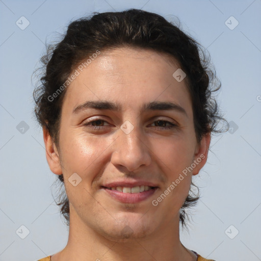 Joyful white adult female with short  brown hair and brown eyes