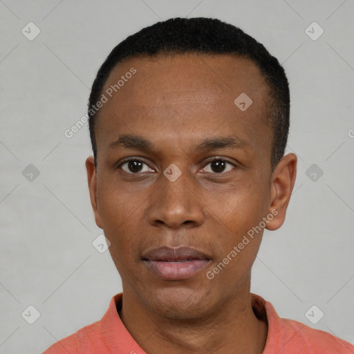 Neutral black young-adult male with short  black hair and brown eyes