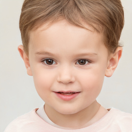 Joyful white child female with short  brown hair and brown eyes