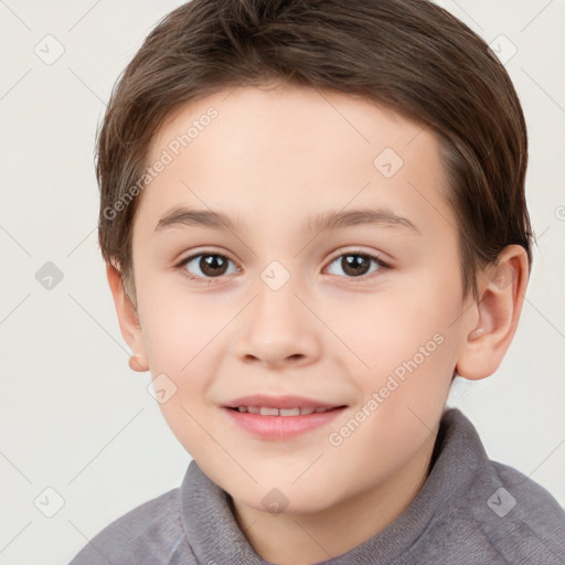 Joyful white child female with short  brown hair and brown eyes