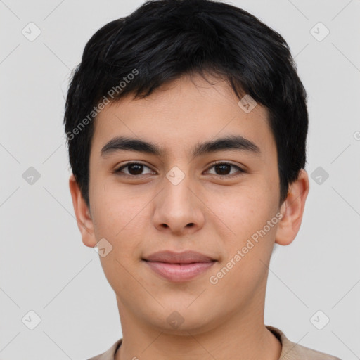 Joyful asian young-adult male with short  black hair and brown eyes