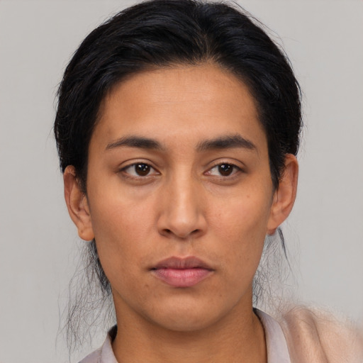 Neutral asian young-adult female with short  black hair and brown eyes