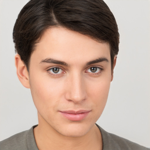 Neutral white young-adult male with short  brown hair and brown eyes