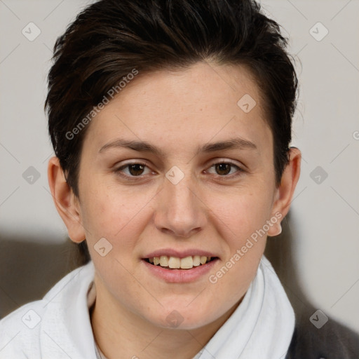 Joyful white young-adult female with short  brown hair and brown eyes