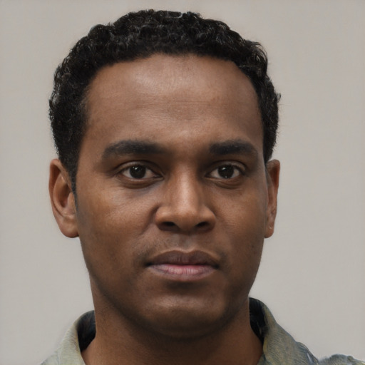 Neutral black young-adult male with short  black hair and brown eyes