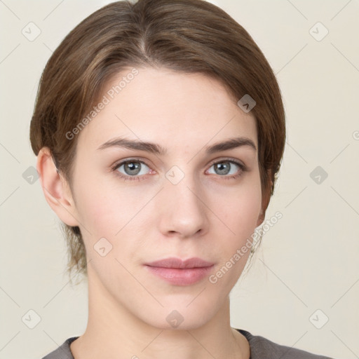 Neutral white young-adult female with medium  brown hair and grey eyes