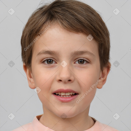 Joyful white child female with short  brown hair and brown eyes