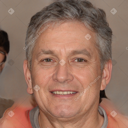 Joyful white middle-aged male with short  brown hair and brown eyes