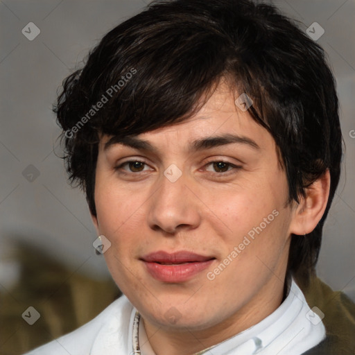 Joyful white young-adult male with medium  brown hair and brown eyes