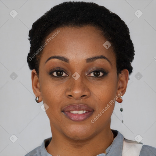 Joyful black young-adult female with short  black hair and brown eyes