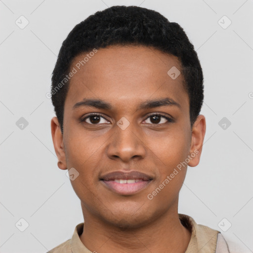Joyful black young-adult male with short  black hair and brown eyes