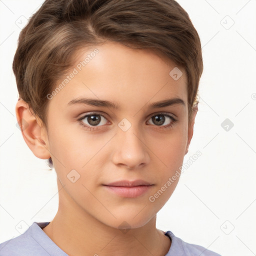 Joyful white child female with short  brown hair and brown eyes