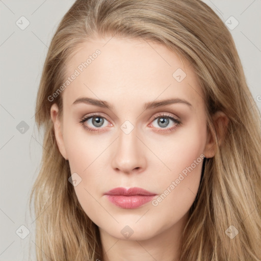 Neutral white young-adult female with long  brown hair and blue eyes