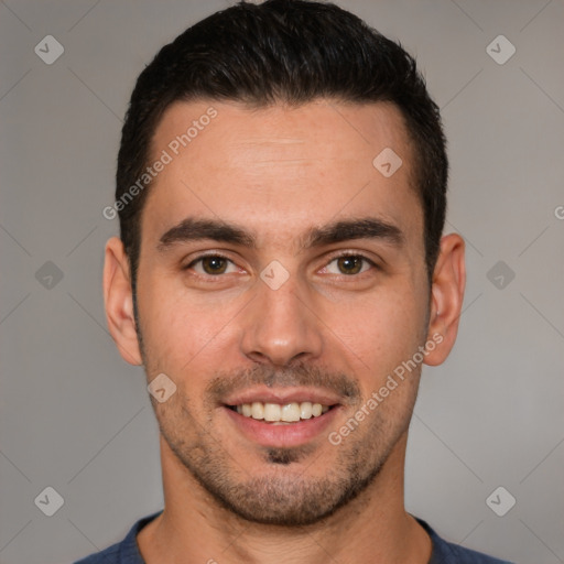 Joyful white young-adult male with short  brown hair and brown eyes