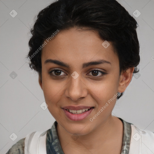 Joyful latino young-adult female with medium  brown hair and brown eyes