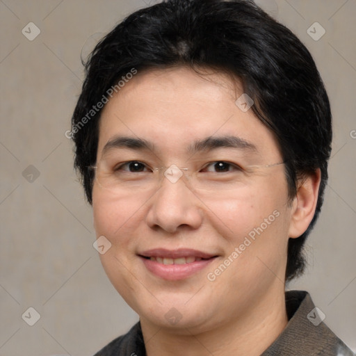 Joyful white adult male with medium  brown hair and brown eyes