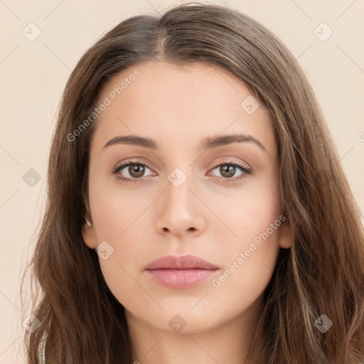 Neutral white young-adult female with long  brown hair and brown eyes