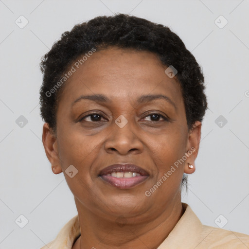 Joyful black adult female with short  brown hair and brown eyes