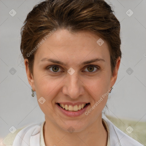 Joyful white young-adult female with short  brown hair and brown eyes