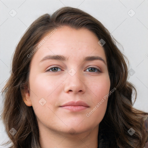 Neutral white young-adult female with long  brown hair and brown eyes