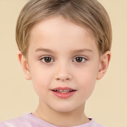 Joyful white child female with short  brown hair and brown eyes