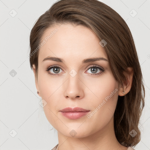 Neutral white young-adult female with medium  brown hair and grey eyes