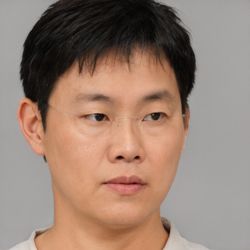 Neutral asian young-adult male with short  brown hair and brown eyes