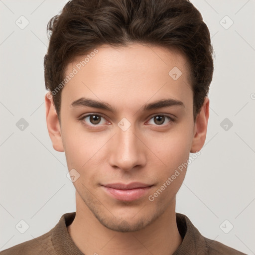 Neutral white young-adult male with short  brown hair and brown eyes