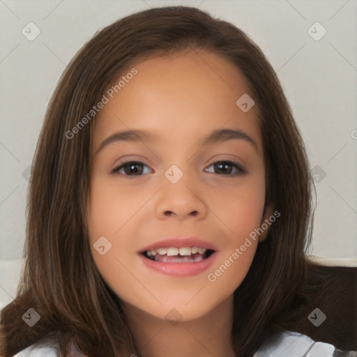 Joyful white child female with medium  brown hair and brown eyes