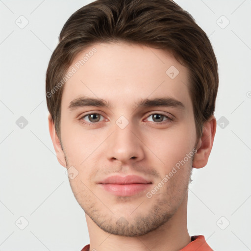 Neutral white young-adult male with short  brown hair and brown eyes