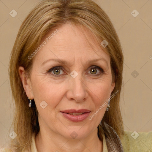 Joyful white adult female with medium  brown hair and brown eyes