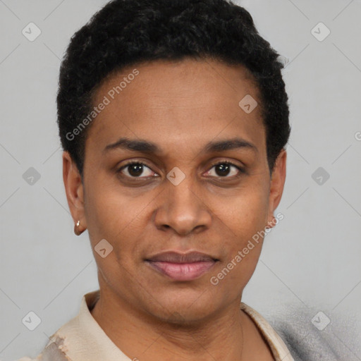 Joyful latino young-adult female with short  black hair and brown eyes