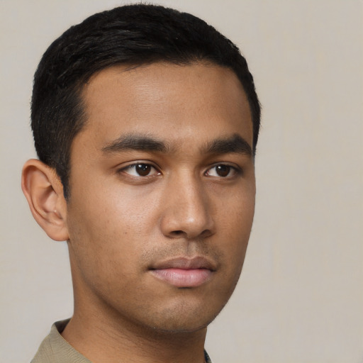 Neutral asian young-adult male with short  black hair and brown eyes