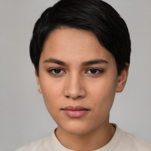 Neutral white young-adult female with short  black hair and brown eyes