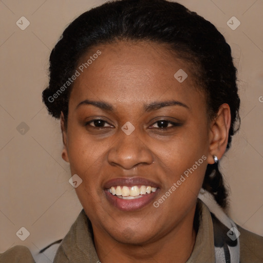 Joyful latino adult female with medium  brown hair and brown eyes