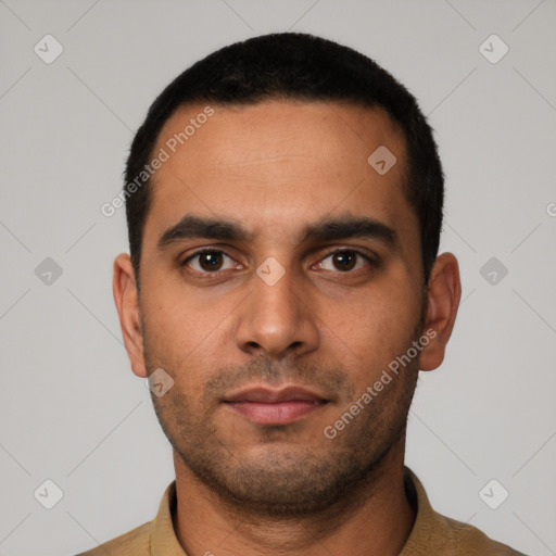 Neutral latino young-adult male with short  black hair and brown eyes