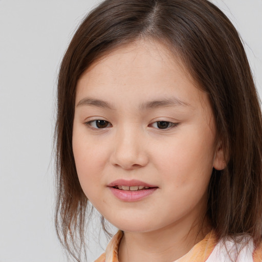 Joyful white child female with medium  brown hair and brown eyes