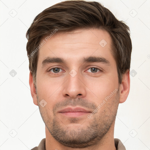 Neutral white young-adult male with short  brown hair and brown eyes