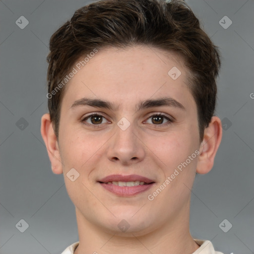 Joyful white young-adult female with short  brown hair and brown eyes