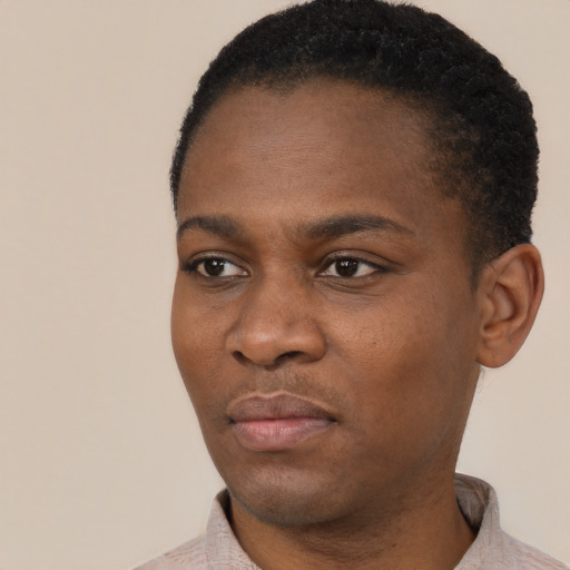 Neutral black young-adult male with short  black hair and brown eyes