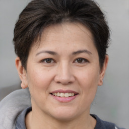 Joyful white adult female with short  brown hair and brown eyes