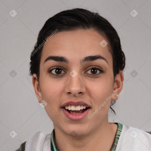 Joyful white young-adult female with short  brown hair and brown eyes